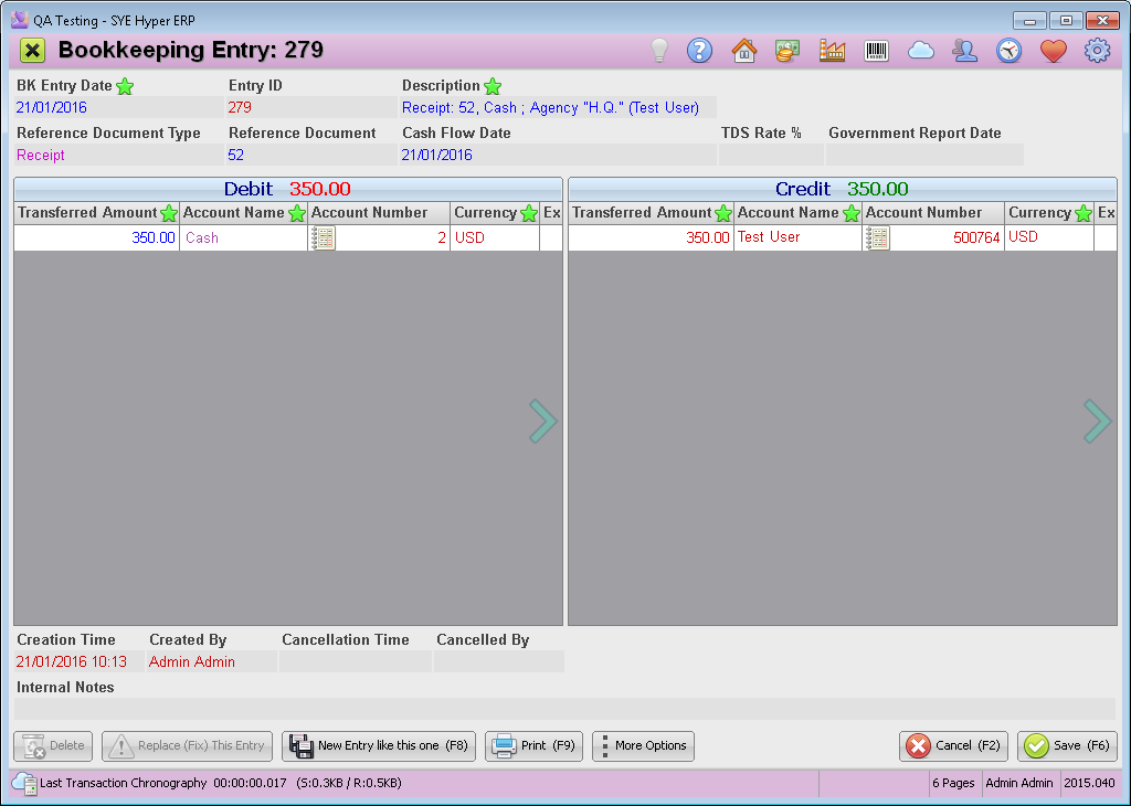 Credit bookkeeping entry